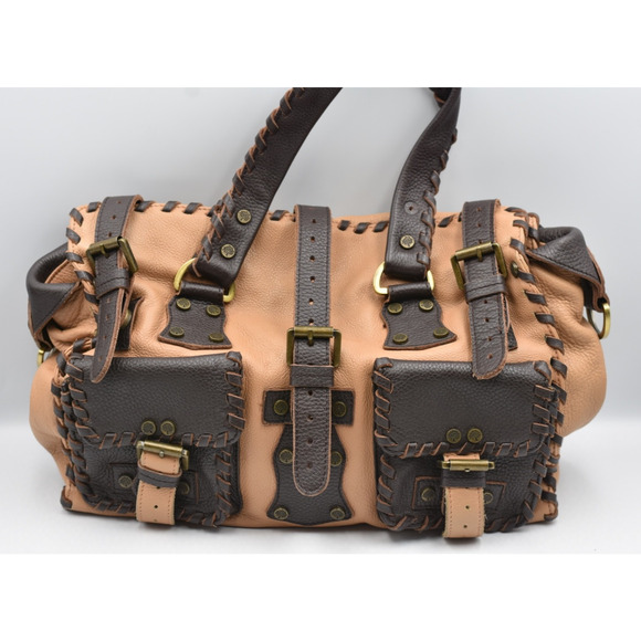 Mulberry Roxanne Whipstitch Brown & Tan Soft Leather Buckle Handbag Satchel - Picture 1 of 16